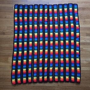 Afghan Crochet Granny Knit Blanket Rainbow Stripes & Black Large 5ft x 4ft EUC